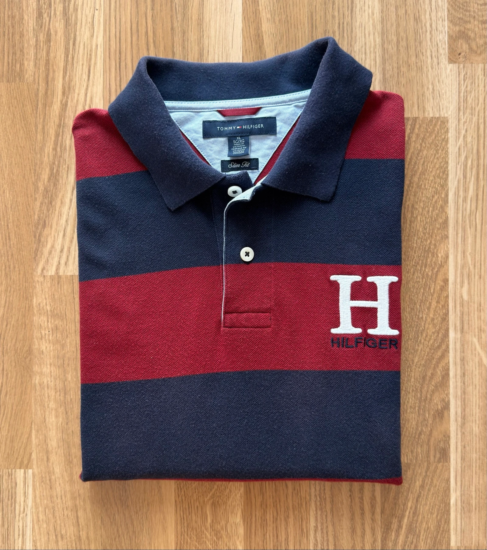 Tommy Hilfiger Polo Shirt Y2K Aesthetic Rugby Style Navy Burgundy Striped Slim Fit XL